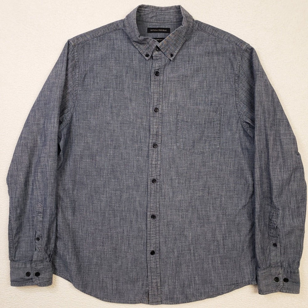 Banana Republic Button Down Shirt Mens Large Blue Untucked Slim Fit Long Sleeve